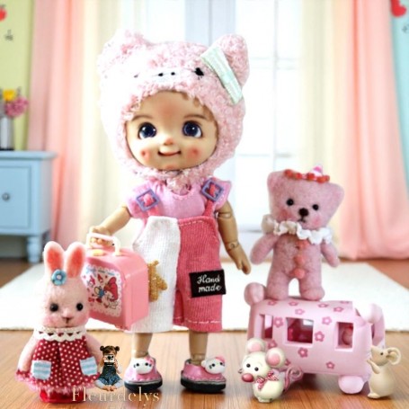 TENUE 3 PIECES SALOPETTE BEBE ROSE POUR POUPÉE BJD OB11 STODOLL AMYDOLL LATI WHITE SP PUKIPUKI MEADOWDOLLS NUNU SPROUT DOLLS