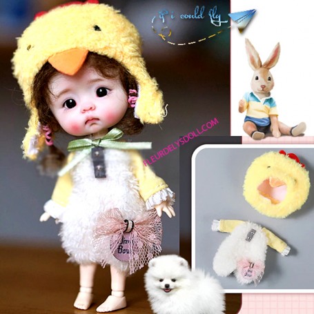 SALOPETTE POUSSIN + CHAPEAU POUR POUPÉE BJD OB11 STODOLL AMYDOLL LATI WHITE SP PUKIPUKI MEADOWDOLLS NUNU SPROUT DOLLS